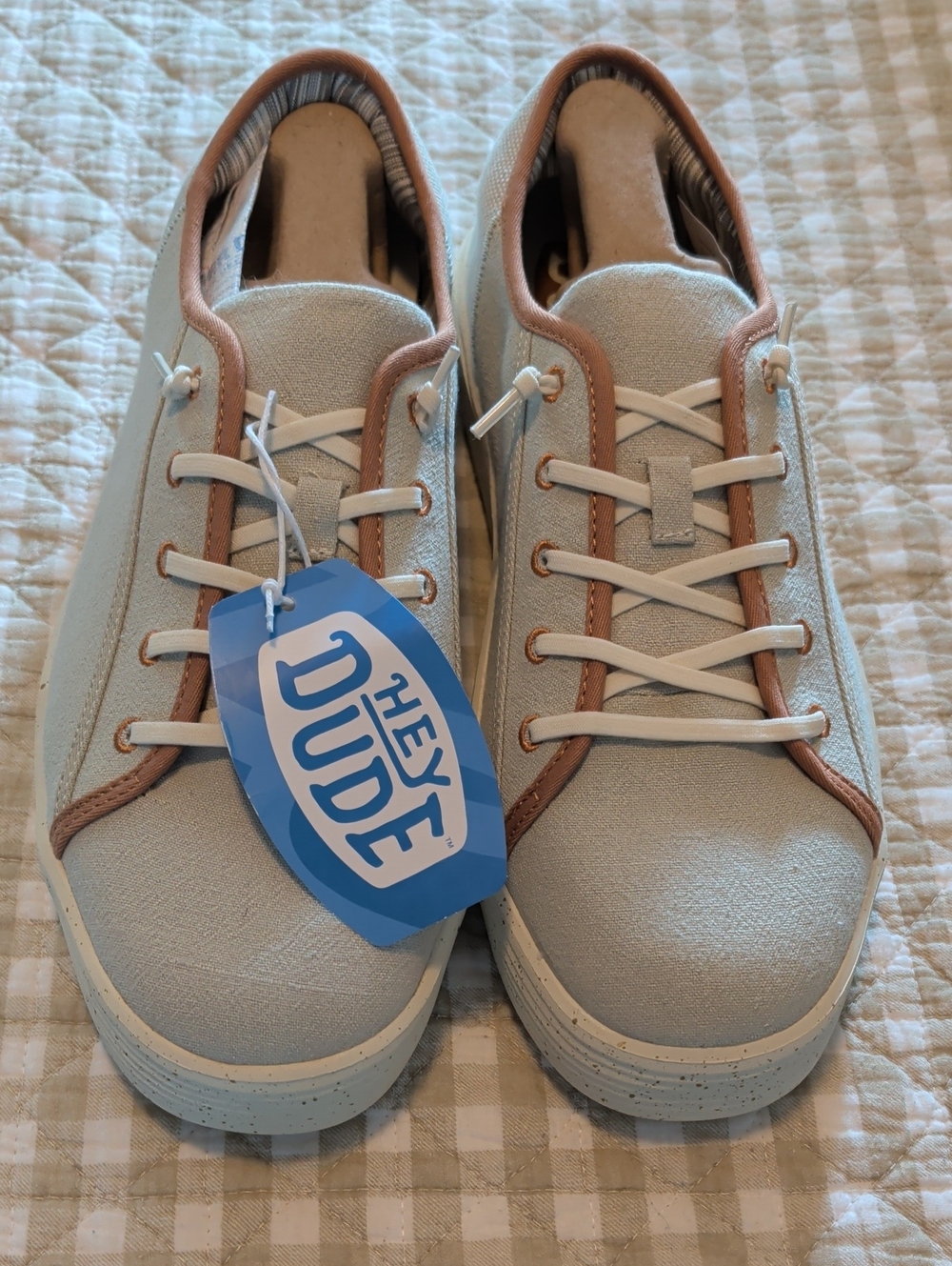 Hey Dude Mens Light Gray Canvas Sneakers with Tan Trim